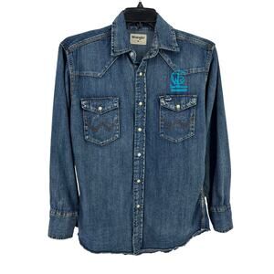 Wrangler True Western Roundup Denim Snap Front Jean Shirt Mens Sz Medium Blue